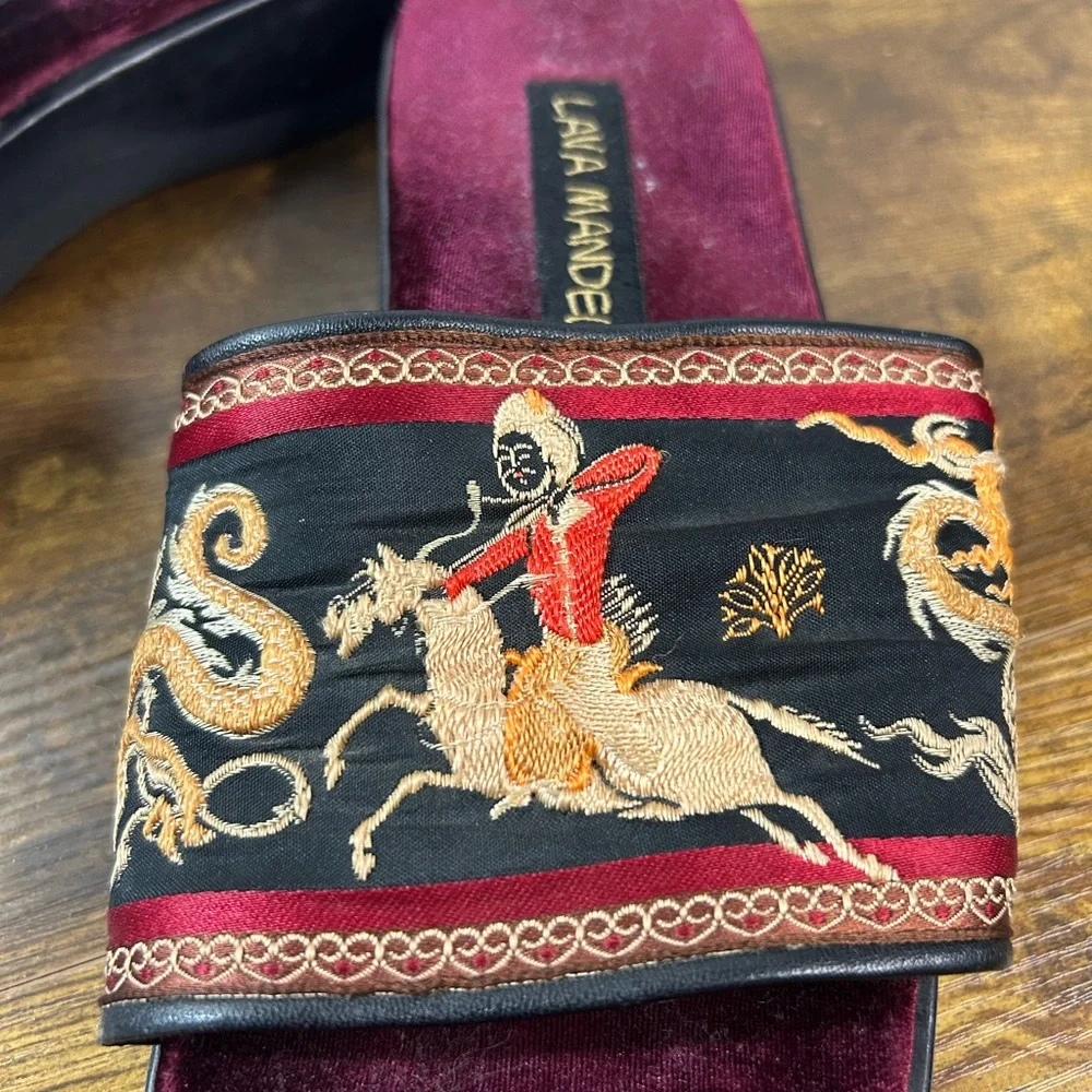Burgundy Velvet Embroidered Slide Sandals